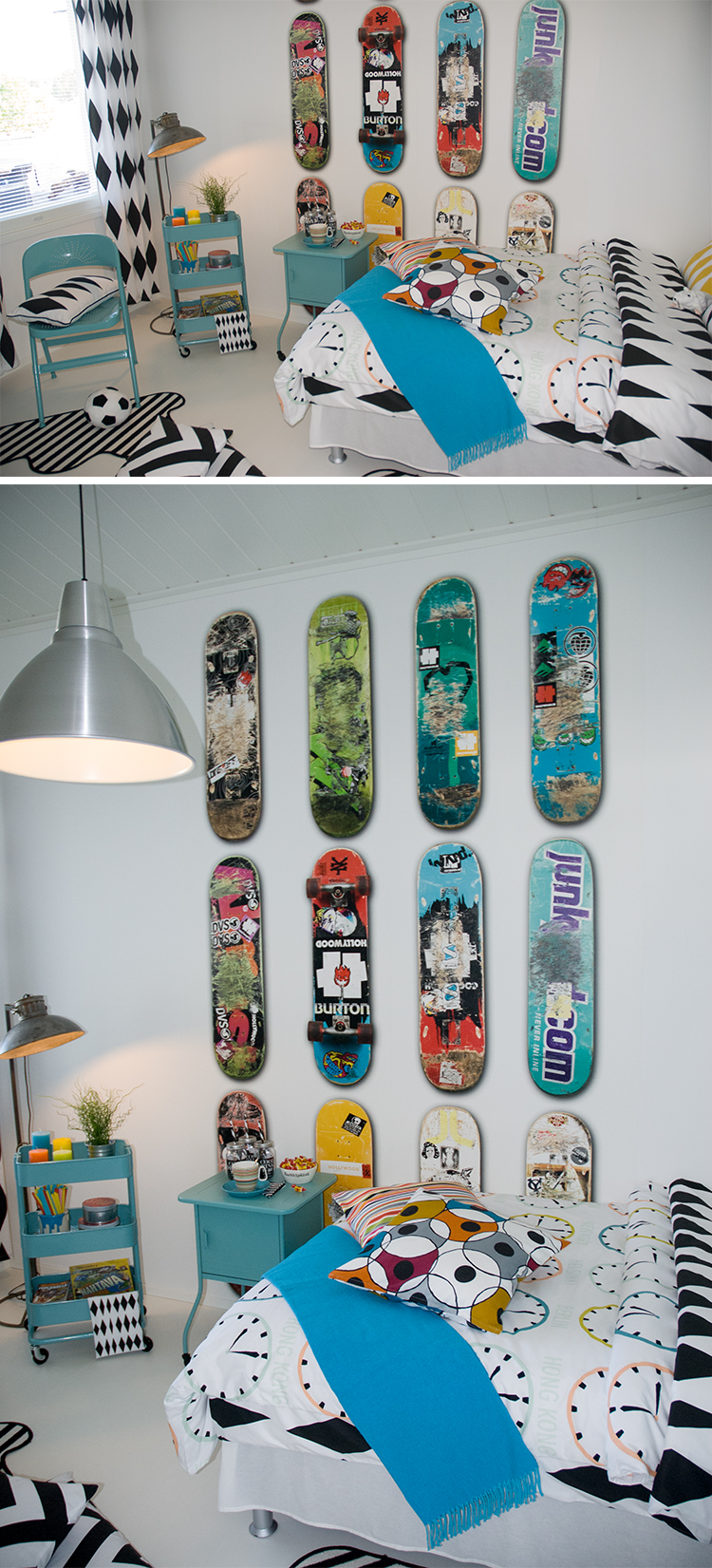Coolt tonårsrum med skateboards på tapeten